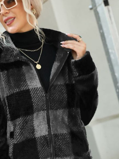 Plaid Zip-Up Collared Jacket Easy Apparels