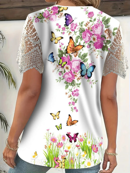 Trendsi Full Size Printed Lace Sleeve V-Neck T-Shirt Plus Size