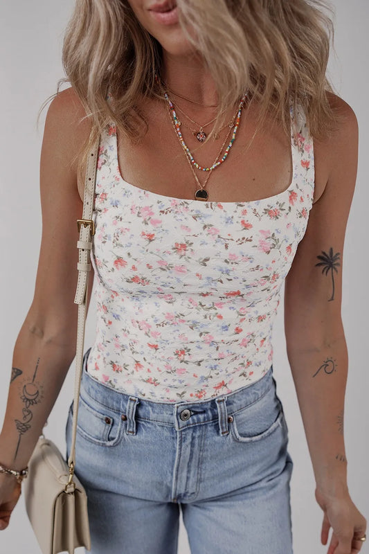 Trendsi Floral Textured Square Neck Sleeveless Bodysuit Floral