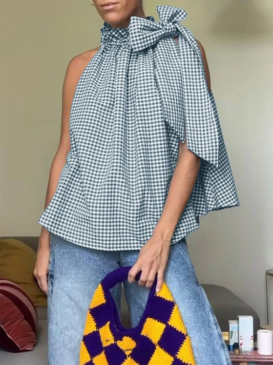 Trendsi Asymmetric Gingham Bow Tie Sleeveless Top Plaid