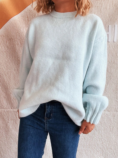 Trendsi Round Neck Dropped Shoulder Sweater Light Blue One Size