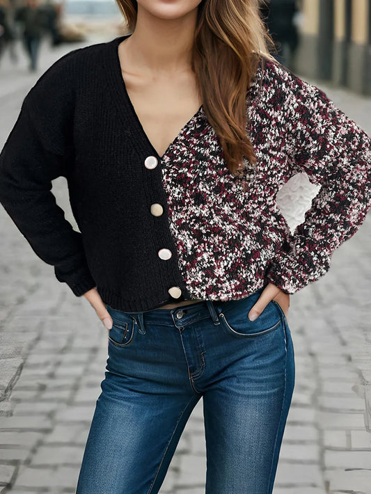 Contrast Button Up V-Neck Cropped Cardigan Black One Size Easy Apparels