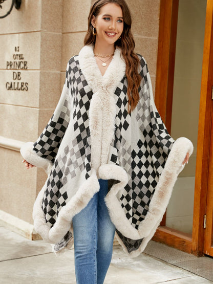 Checkered Faux Fur Trim Poncho Ivory One Size Easy Apparels