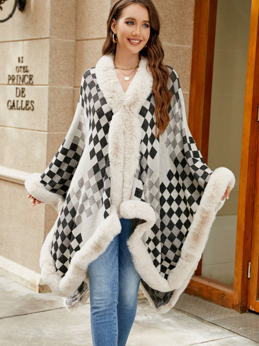 Checkered Faux Fur Trim Poncho Ivory One Size Easy Apparels