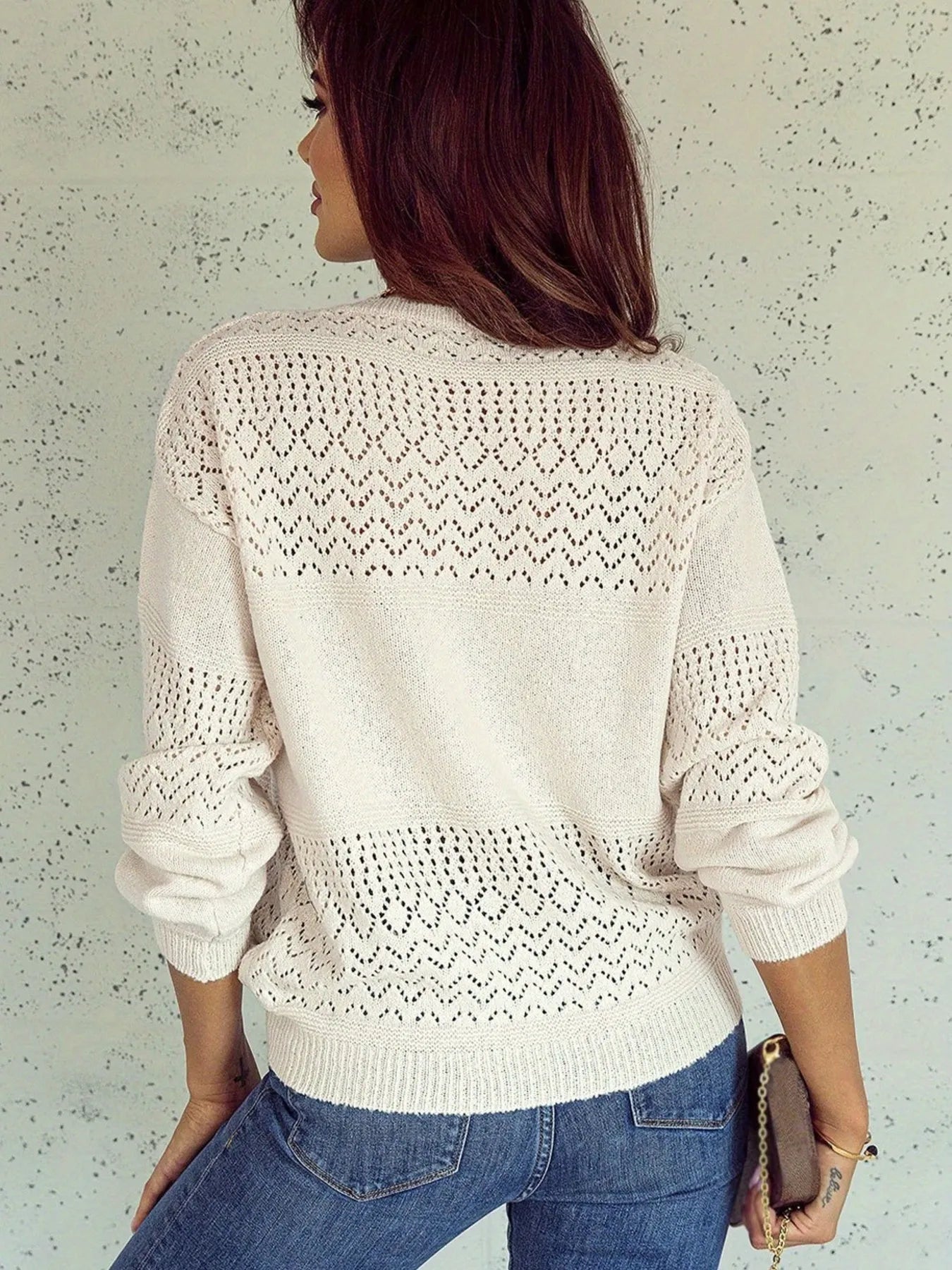 Trendsi Eyelet Deatil V-Neck Long Sleeve Sweater