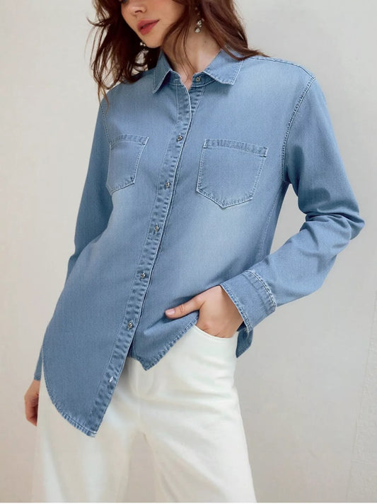 Full Size Button-Up Long Sleeve Denim Shirt Plus Size Blue Easy Apparels