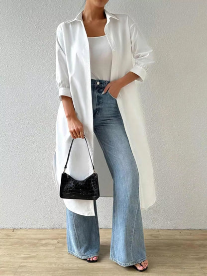 Trendsi Button-Up Long Sleeve Longline Shirt