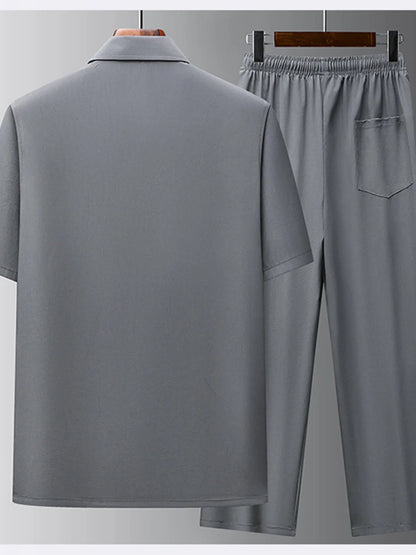 Men's Full Size Button Up Short Sleeve Top and Pants Set Plus Size Easy Apparels