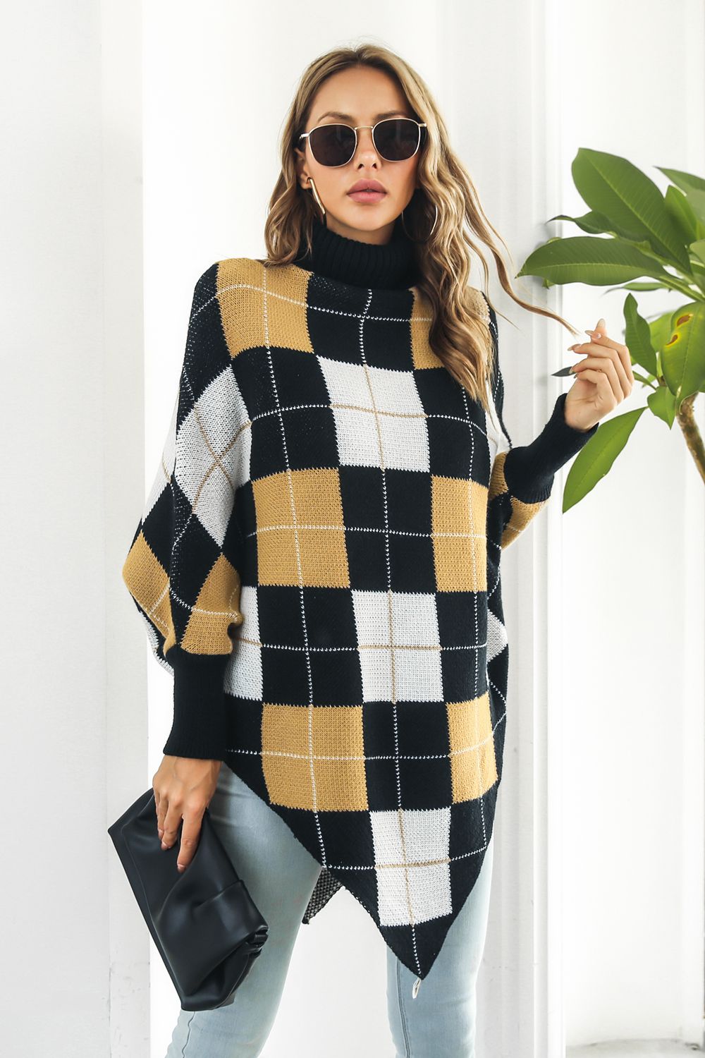 Plaid Turtleneck Dolman Sleeve Poncho Easy Apparels
