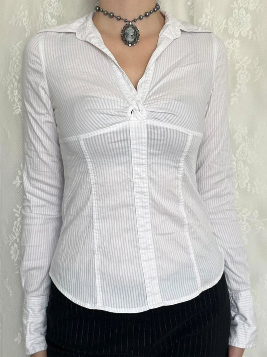 Trendsi Ruched Striped Collared Neck Long Sleeve Shirt White