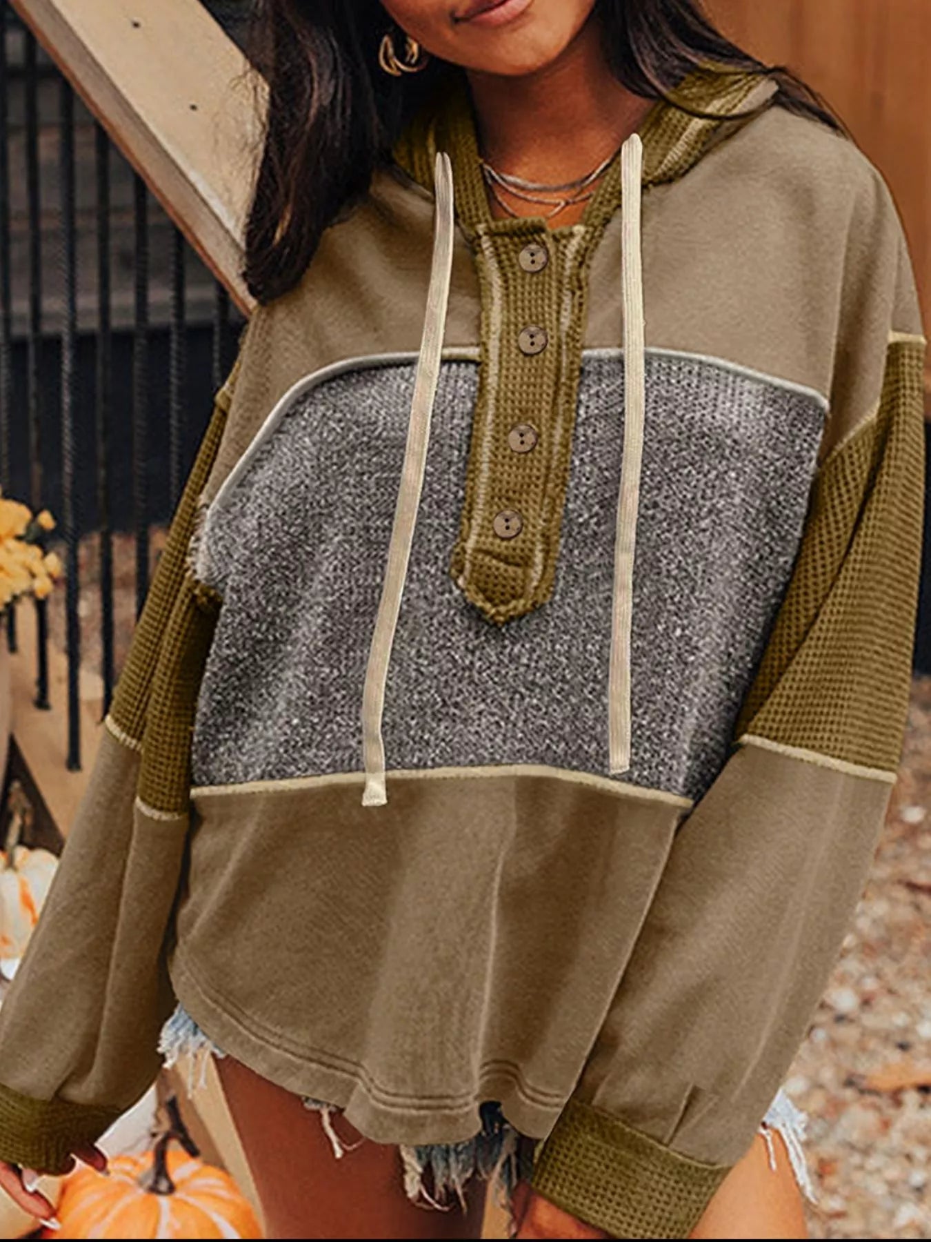 Trendsi Mixed Texture Patchwork Exposed Seam Half Button Hoodie Olive