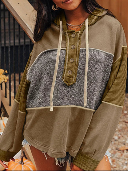 Trendsi Mixed Texture Patchwork Exposed Seam Half Button Hoodie Olive