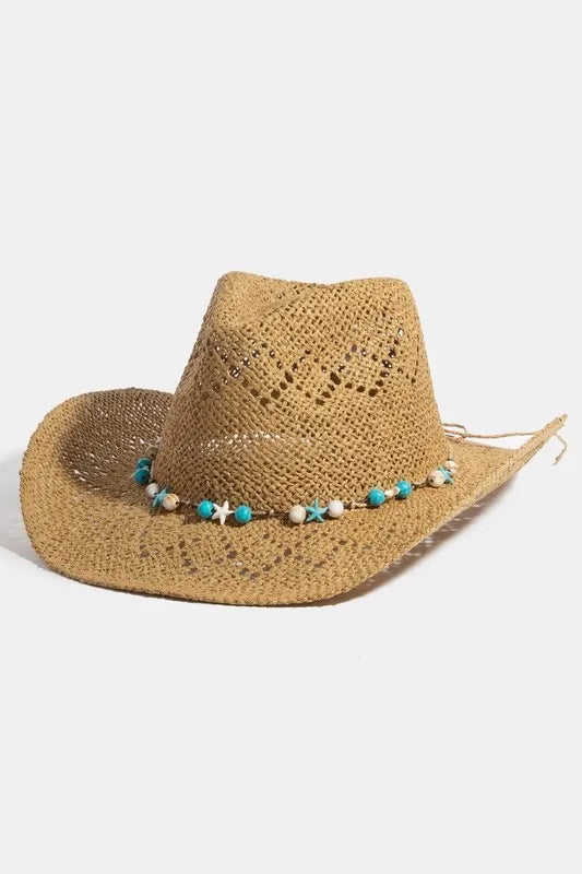 Fame Turquoise and Shell Star Beads Strap Western Straw Hat KA One Size Easy Apparels