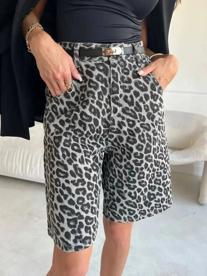 Leopard Print High-Waisted Casual Shorts Dark Gray Easy Apparels