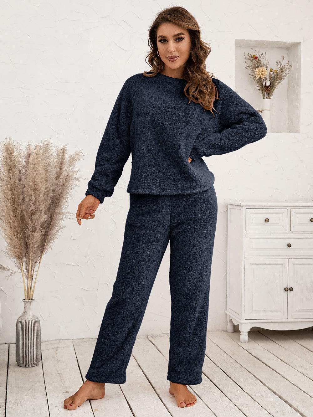 Ivy Lane Teddy Long Sleeve Top and Pants Lounge Set Dark Blue Easy Apparels