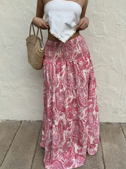 Trendsi Smocked Printed Maxi Skirt Dusty Pink