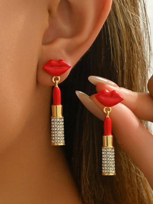Stainless Steel Resin Lips Lipstick Rhinestone Earrings Gold One Size Easy Apparels