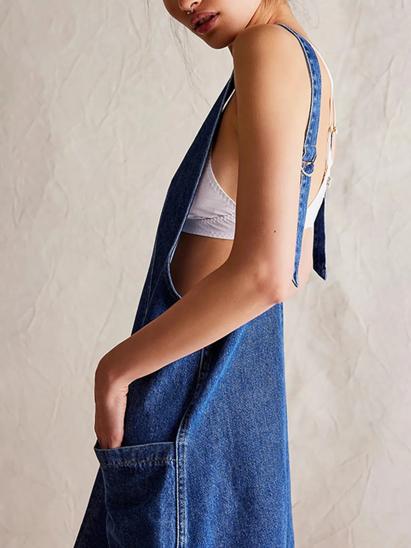 Oversized V-Neck Denim Tank Dress with Front Pockets Easy Apparels