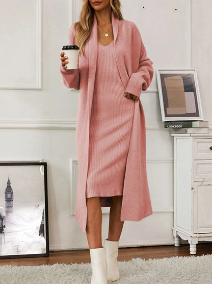 V-Neck Cami Dress and Open Front Cardigan Sweater Set Dusty Pink One Size Easy Apparels