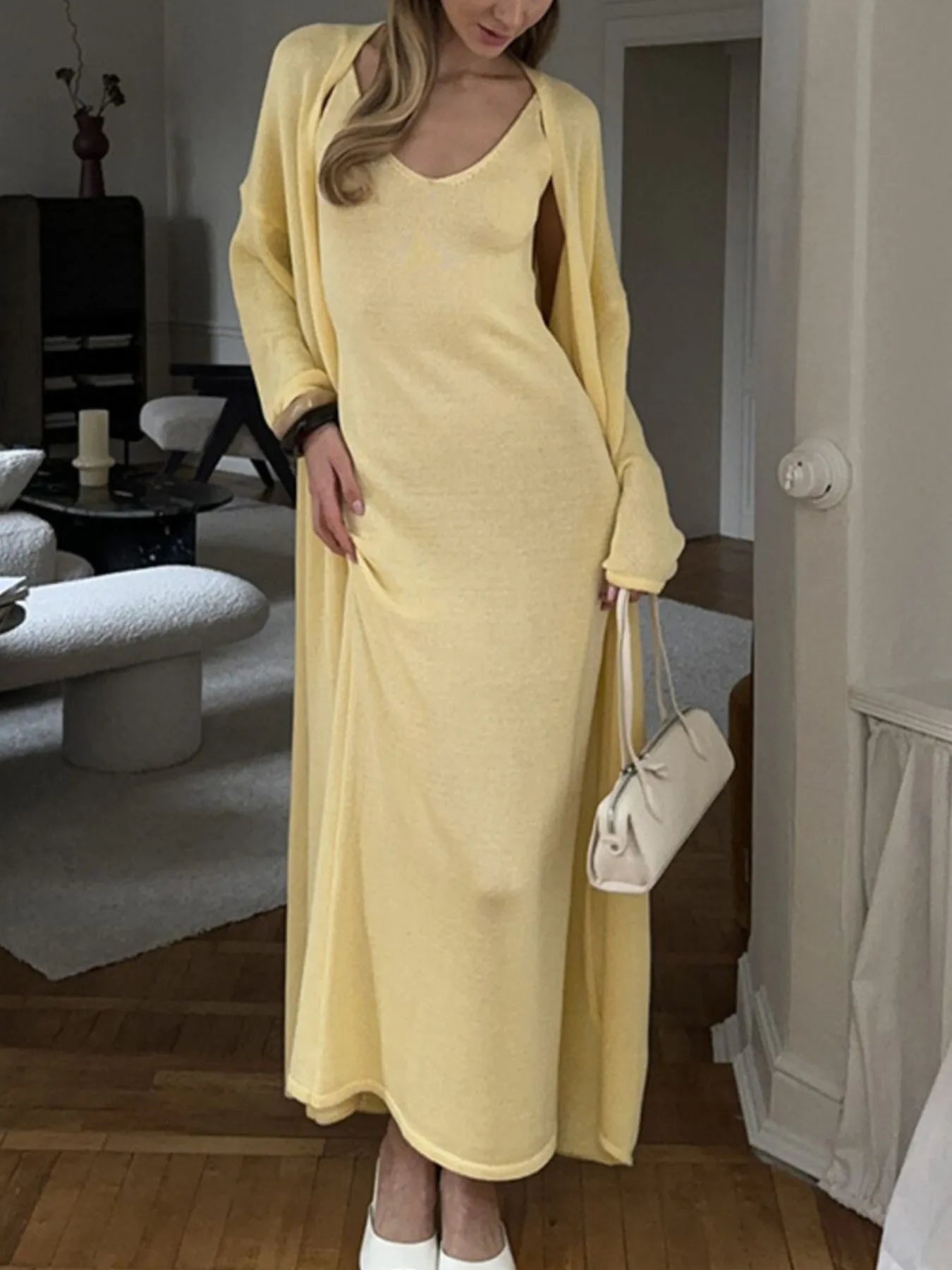 V-Neck Knit Dress and Cardigan Sweater Set Easy Apparels
