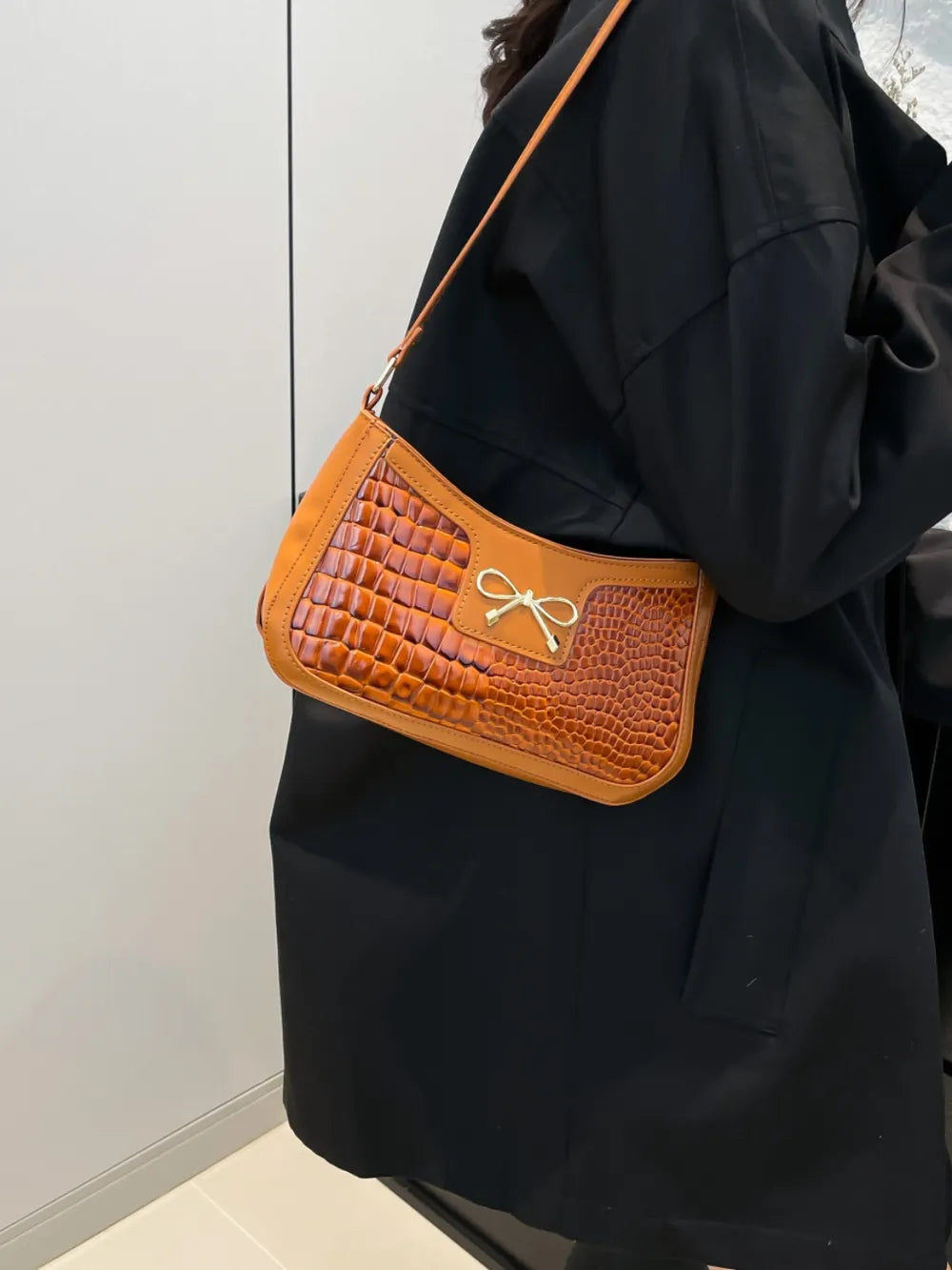 Crocodile Pattern Shoulder Bag with Bow Detail Easy Apparels