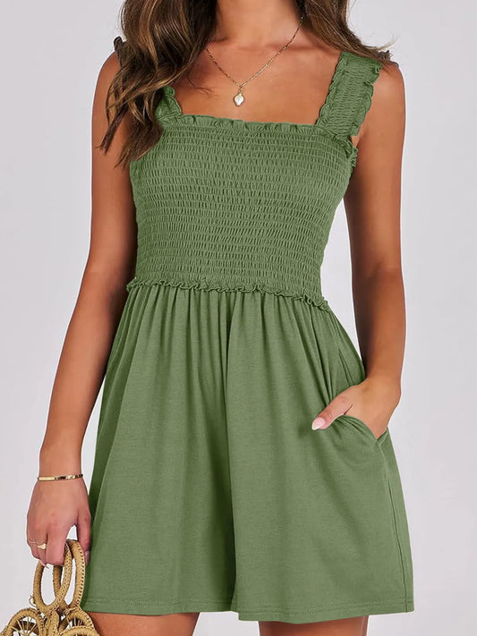 Smocked Square Neck Summer Romper Emerald Green Easy Apparels