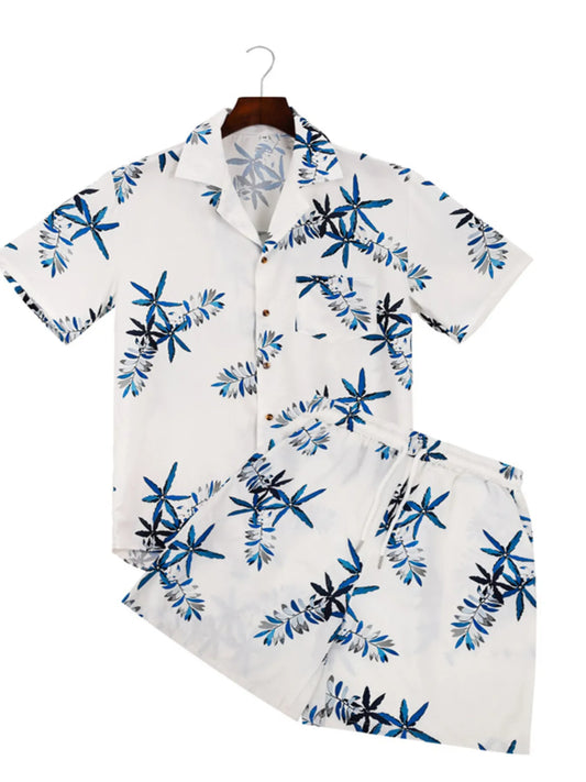 Men's Full Size Printed Button Up Shirt and Shorts Set Plus Size White Easy Apparels