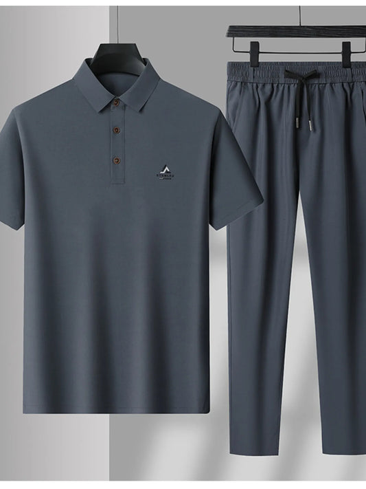 Men's Plus Size Button Detail Short Sleeve Polo and Pants Set Blue Gray Easy Apparels