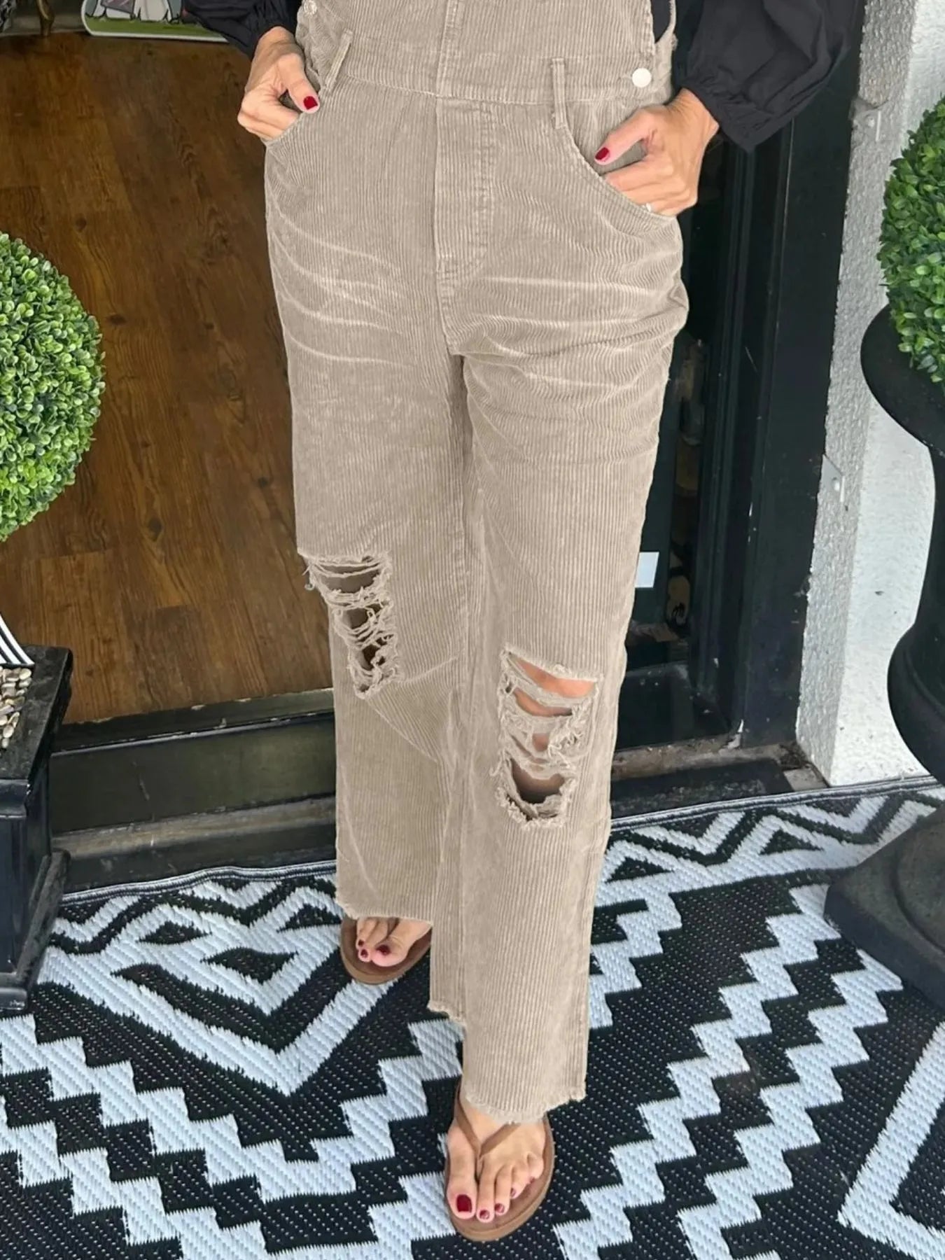 Distressed Wide Leg Corduroy Overalls Easy Apparels
