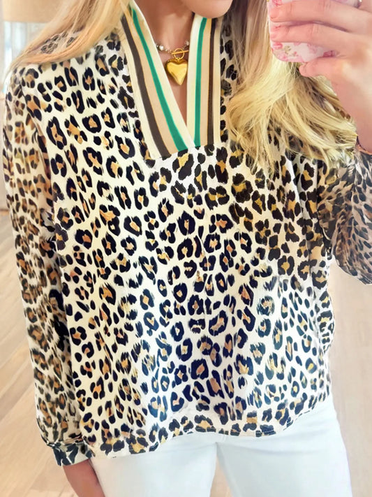 Trendsi Leopard Print Contrast Striped V Neck Blouse Leopard