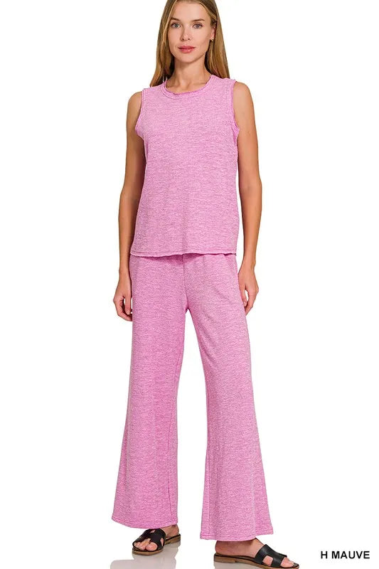 Zenana Cotton Slub Tank & Pants Set H MAUVE Easy Apparels