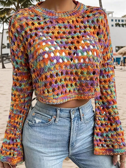Trendsi Rainbow Crochet Hollow Out Cropped Sweater
