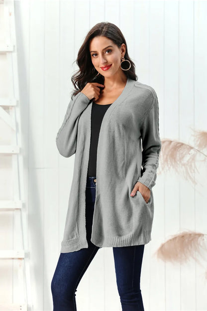 Cable-Knit Open Front Long Sleeve Cardigan Easy Apparels