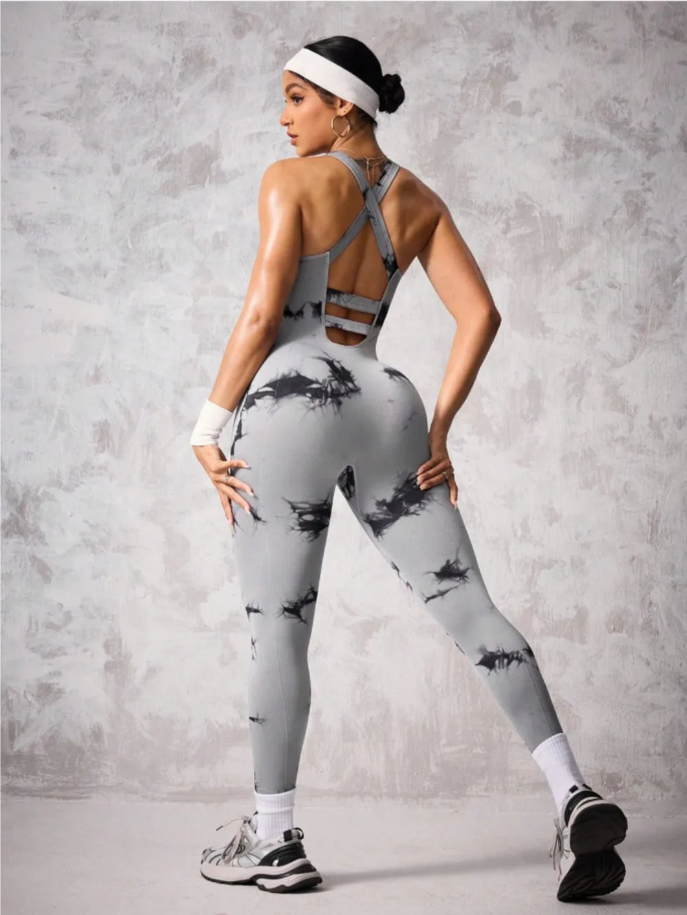 Back Crisscross Tie-Dye Scoop Neck Active Jumpsuit Easy Apparels