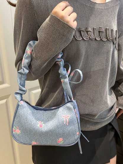 Embroidered Ruched Strap Shoulder Bag Easy Apparels
