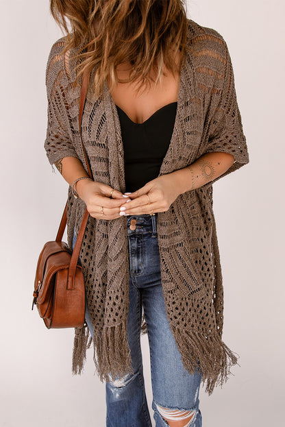 Fringe Hem Slit Open Front Cardigan Easy Apparels