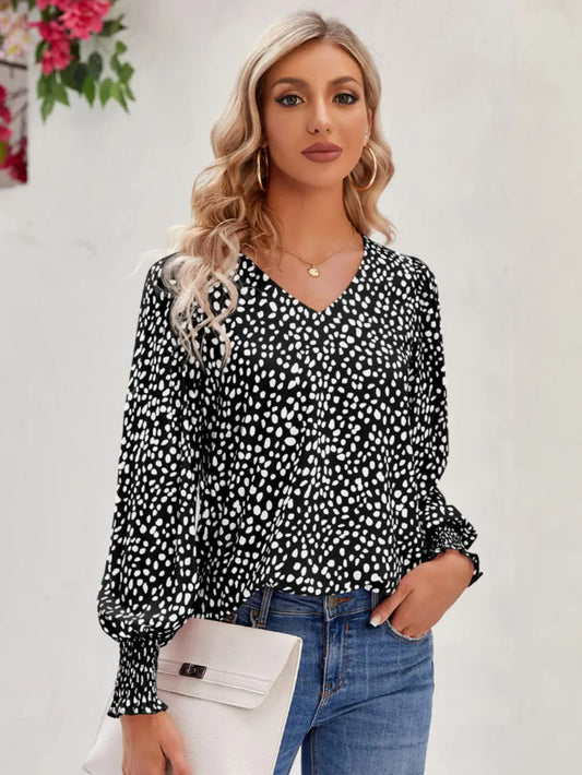 Trendsi Printed V-Neck Lantern Sleeve Blouse Black