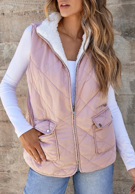 Fuzzy Zip Up Vest Coat with Pockets Blush Pink Easy Apparels