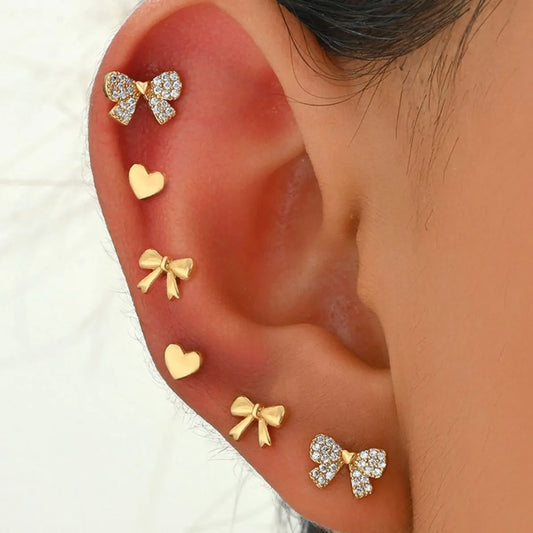 6 Piece Bow Heart Stud Earrings Set Gold One Size Easy Apparels