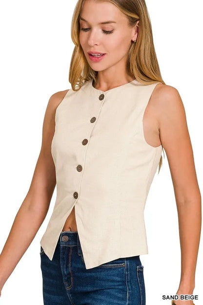 Zenana Linen Button Down Vest Easy Apparels