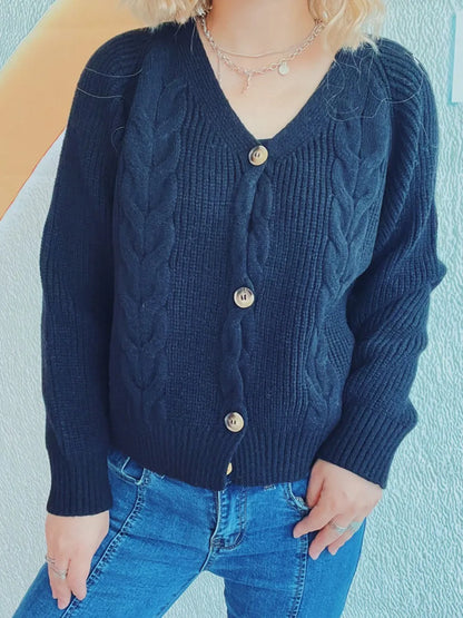 Cable-Knit V-Neck Button Down Long Sleeve Cardigan Black One Size Easy Apparels