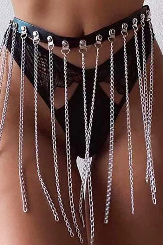 Fringed Chain PU Leather Belt Silver One Size Easy Apparels