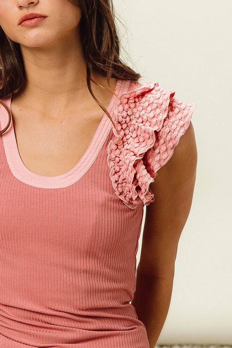 Trendsi BiBi Rib Knit With Textured Ruffled Top