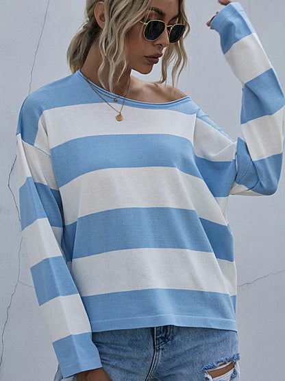 Trendsi Striped Casual Long Sleeve Knit Top Blue
