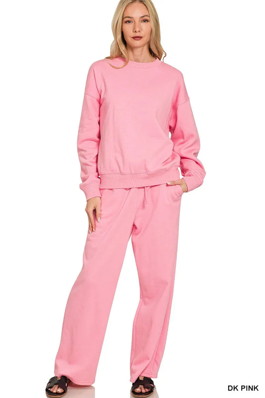 Zenana Fleece Long Sleeve Top and Sweatpants Set DK PINK Easy Apparels