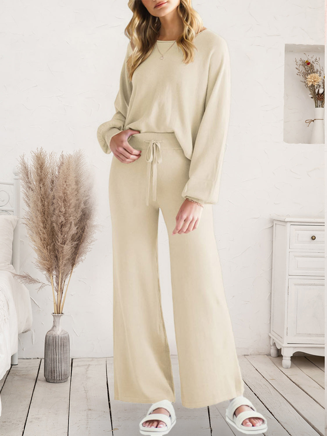 Long Sleeve Lounge Top and Drawstring Pants Set Ivory Easy Apparels