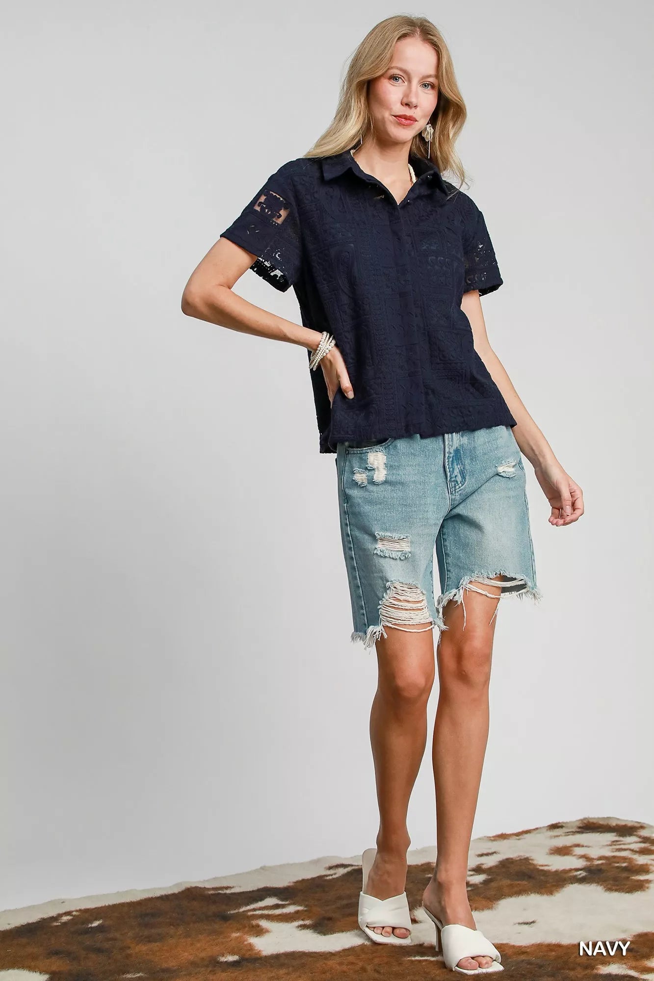 Trendsi Umgee Patch Lace Short Sleeve Button Down Shirt