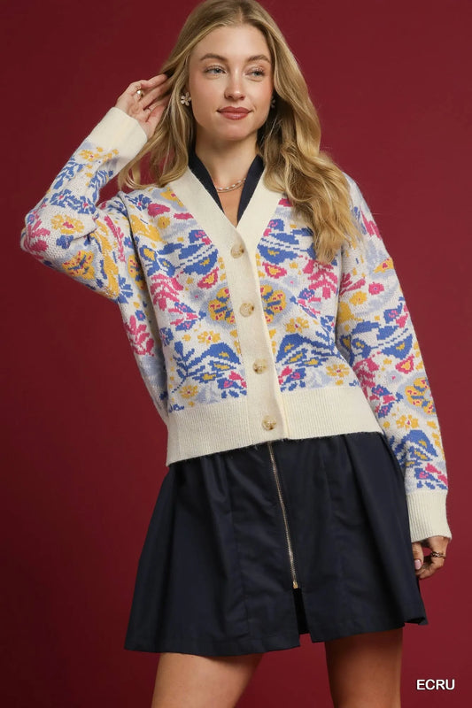 Umgee Floral Button-Up V-Neck Cardigan ECRU Easy Apparels