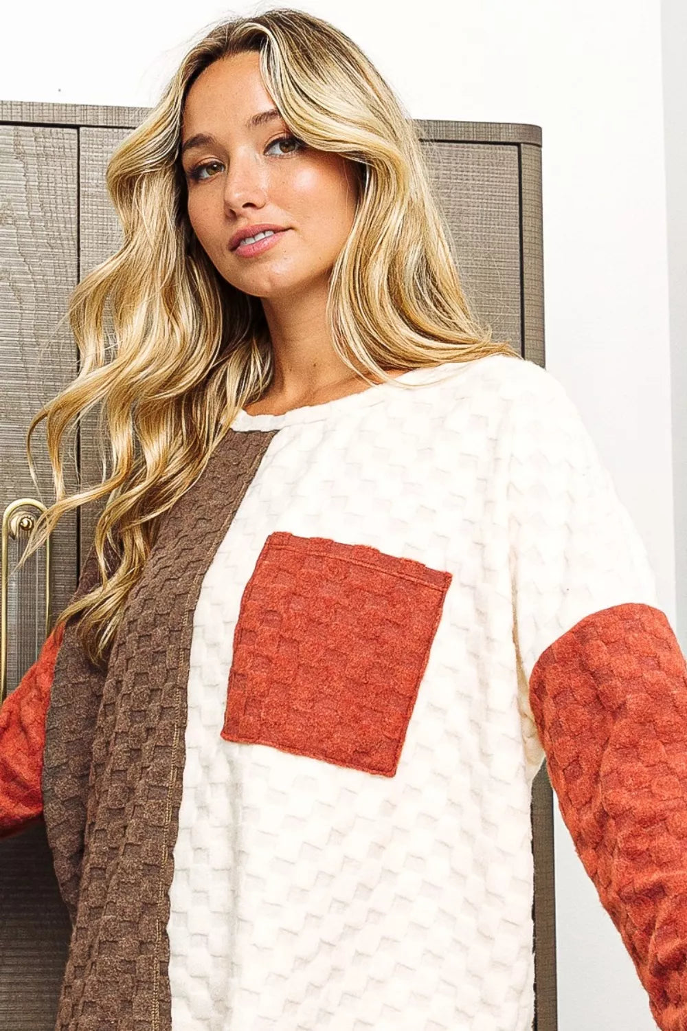 Trendsi BiBi Color Block Brushed Checker Top