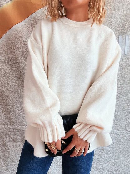 Trendsi Round Neck Dropped Shoulder Sweater White One Size